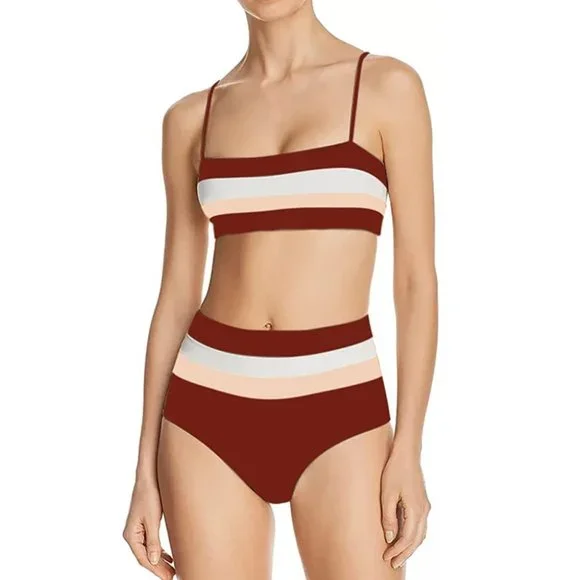 High-Waisted Colorblock Bandeau Bikini Set in Red - Picture 5 of 12